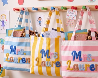 Personalized Corduroy Teacher Tote Bag, Back to School, Hand Crochet Name Zipper bag, Teacher Appreciation Gift, Mrs. Gift, End of Year Gift