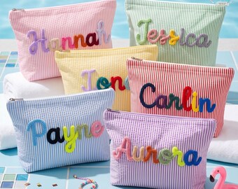 Personalized Striped Makeup Bag, Chenille Name Cosmetic Pouch, Travel Toiletry Bag, Organizer Cosmetic Gift for Her, Name Toiletry Bag