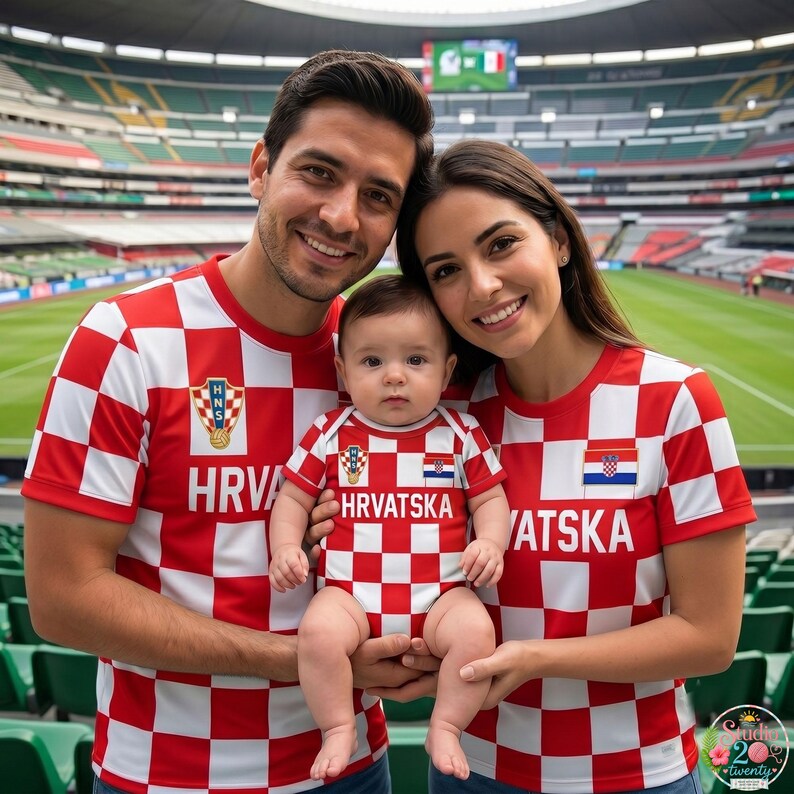 May include: Two adults and one infant wearing matching red and white checkered shirts and a onesie featuring the Croatian national emblem and the text HRVATSKA. The clothing displays a distinct red and white square pattern throughout the garments.