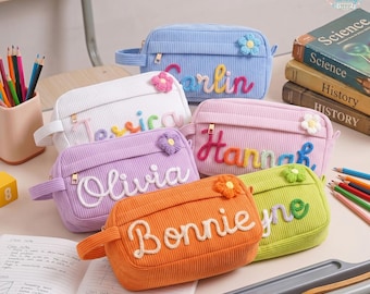 Personalized Corduroy Pencil Case, Custom Name Corduroy Pouch, Big Capacity Pencil Bag, Back to School, Monogram Pencil Bag with Yarn Name