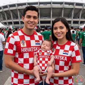 May include: Two adults and a baby wearing matching red and white checkered shirts and a onesie. The garments feature the text HRVATSKA, a small Croatian flag emblem, and a gold HNS crest. The design consists of a repeating square pattern.