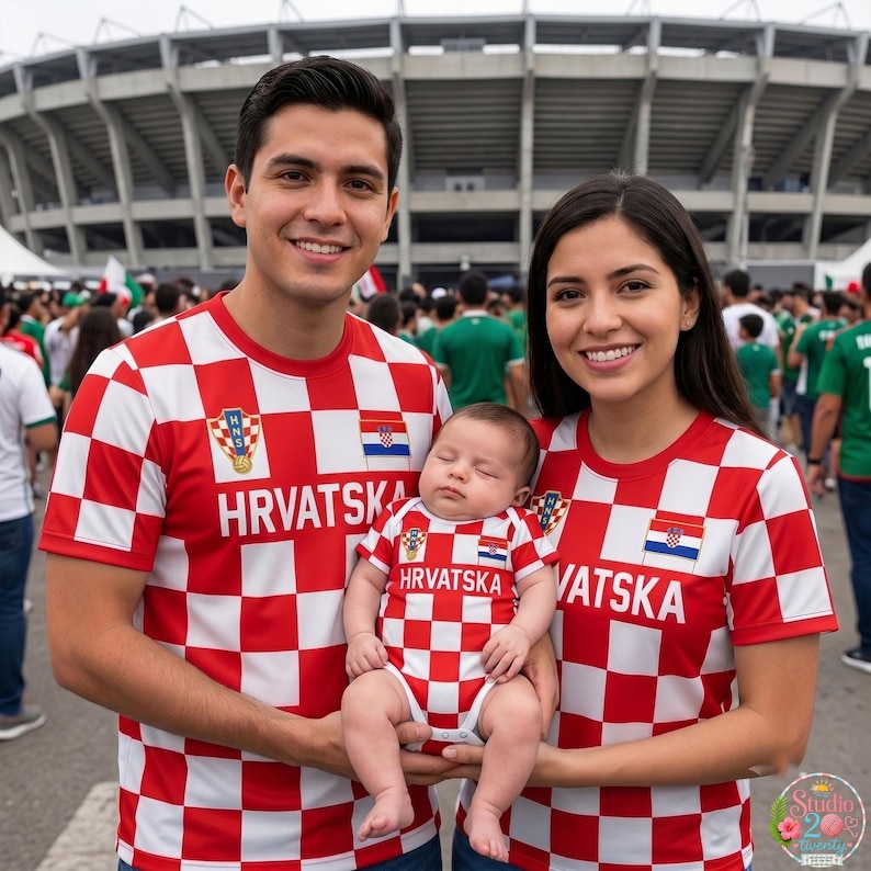 May include: Two adults and a baby wearing matching red and white checkered shirts and a onesie. The garments feature the text HRVATSKA, a small Croatian flag emblem, and a gold HNS crest. The design consists of a repeating square pattern.