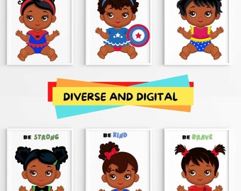 Set of 6 Nursery Prints, Black Girl Printable Wall Art, Superhero Prints, Heroes Wall Art, Digital Prints, Nursery Decor, Kids Prints
