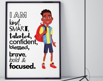 Black Boy Affirmations | Positive Affirmations for Son | Kids Affirmation Card | Empowering Boys | Boys Bedroom Decor | African American Boy