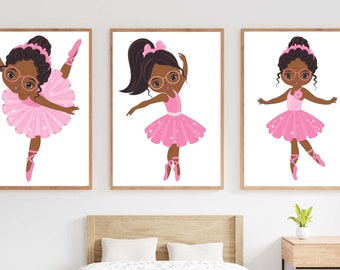 Black Ballerina with Glasses Wall Art Decor | African American Ballerina Wall Art |Girl Nursery Decor | Set of 3 Prints | Reading glasses
