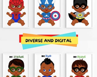 Puede incluir: Seis carteles imprimibles con ilustraciones de bebés superhéroes negros con diferentes trajes de superhéroes y mensajes inspiradores. Los mensajes son "Sé Único", "Sé Cuidadoso", "Sé Intrépido", "Sé Fuerte", "Sé Amable", y "Sé Valiente".