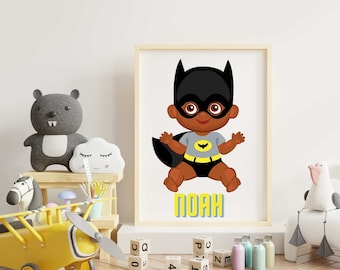 Personalisierte schwarze Superheld Printable | Kinderzimmer Kunst | Superheld Geburtstagsgeschenk | Black Boy Wandkunst | Kinderzimmer Dekor