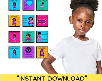 Black Superhero Girl Affirmation Cards | 12 Positivity & Mindfulness Prints | Black-Owned Digital Download