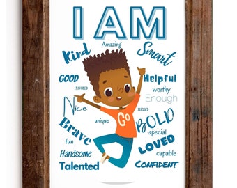 Black Boy Affirmations Wall Art | Empowering Boys Poster | Boys Bedroom Decor | Positive Affirmations for Black Boys | Curly Hair Kids