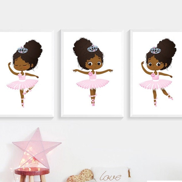 Black Ballerina Wall Art Decor | African American Ballerina Wall Art | Little Girl Nursery Decor | Black Girl Magic Print | Set of 3 Prints