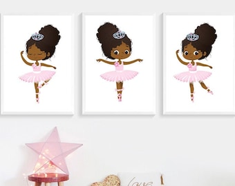 May include: Three printable wall art prints featuring a young Black ballerina wearing a pink tutu and a crown. The ballerina is in different poses on each print.