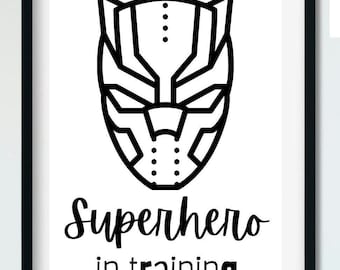 Black Panther-superheld WordArt | Superheldenmaskerprint | Muurkunst jongenskamer | Zwart-wit kinderdecoratie | Muurafdrukken superhelden