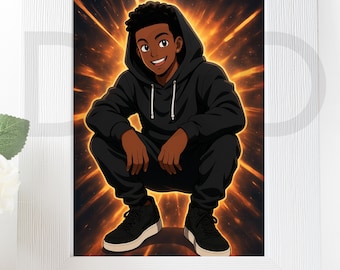 Black Anime Boy Digital Art Print | Afro Anime Wall Art | Urban Streetwear Anime Poster | Instant Download | Bedroom Decor | Anime Poster