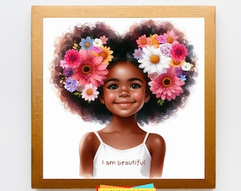 I am Beautiful Black Girl Flower Afro Puff Wall Art Decor | African American Caramel Girl Wall Art | I am Beautiful Flower Print