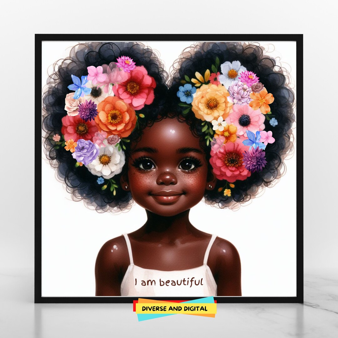 I Am Beautiful Black Girl Flower Afro Puff Wall Art Decor African