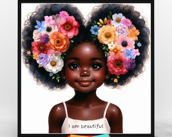 I am Beautiful Black Girl Flower Afro Puff Wall Art Decor | African American Black Girl Wall Art | I am Beautiful Flower Print | Digital Art