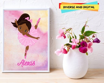Personalized Black Ballerina Printable | Ballet Wall Art | Nursery Decor | Name Ballerina Print | Girls Room | African American Art
