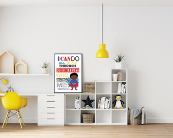 Christliche Wandkunst |Afroamerikanische Kunst | Schwarzer Junge Kunst | Christliche Geschenke | Superhero Prints | DRUCKBARE Wandkunst | Bibel-Vers-Drucke