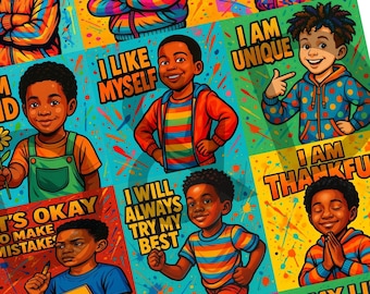 Black Boy Affirmation Cards, Set of 12 Affirmations, Positive Affirmations for Kids, Positive Prints, Inspirational Quotes for Boys,A4 Print
