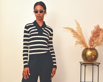 Vintage 90s Striped Tee: Ribbed Stretchy Bodycon, Long Sleeve V-Neck