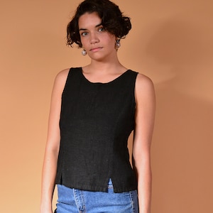 Vintage 90s Black Cotton Tank Top: Minimalist Button Back Blouse XS/Small