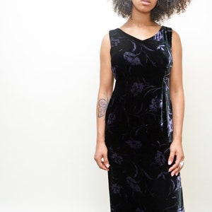 vintage 90s velvet dress 1990s tank party lbd cocktail holiday 1990's midi deep slit 90's boho romantic floral flowers purple s/m image 4