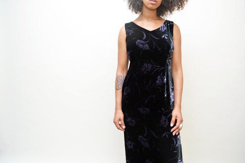 vintage 90s velvet dress 1990s tank party lbd cocktail holiday 1990's midi deep slit 90's boho romantic floral flowers purple s/m image 4