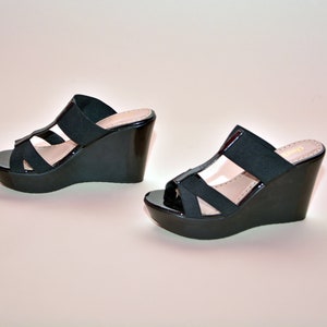 vintage 90s platforms sandals black Heels 1990's MINIMALIST tall heel 1990s vegan charles david wedges 90s shoes 7 7.5 image 4