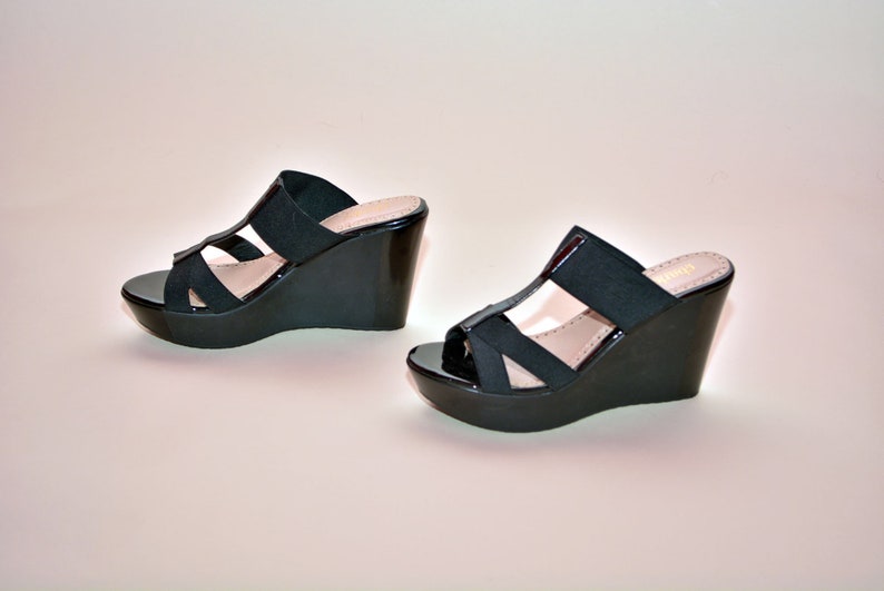 vintage 90s platforms sandals black Heels 1990's MINIMALIST tall heel 1990s vegan charles david wedges 90s shoes 7 7.5 image 4