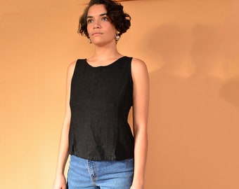 vintage 90s black minimalist tank top button back 80s shirt soft cotton boho blouse xs