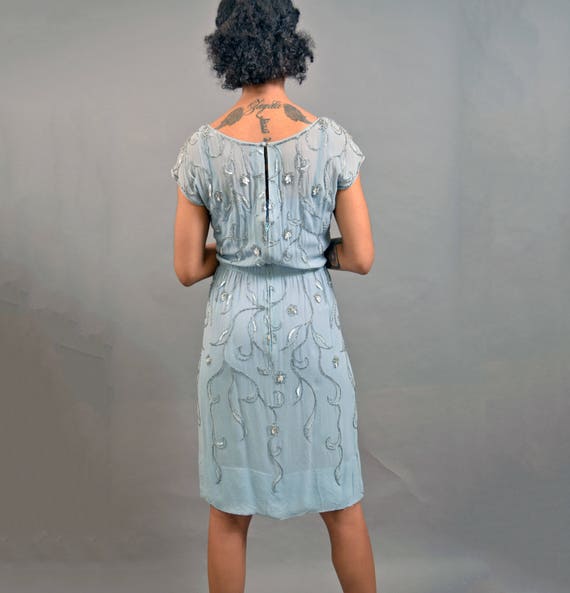 Vintage 60's Beaded Silk Dress light Blue 1960s c… - image 9