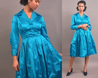 vintage 50s SILK holiday dress azure blue 1950s shirtwaist hostess full circle skirt knotted buttons xs/s