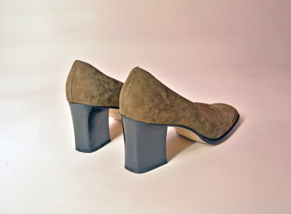 vintage 90s suede heels minimalist olive green bl… - image 3