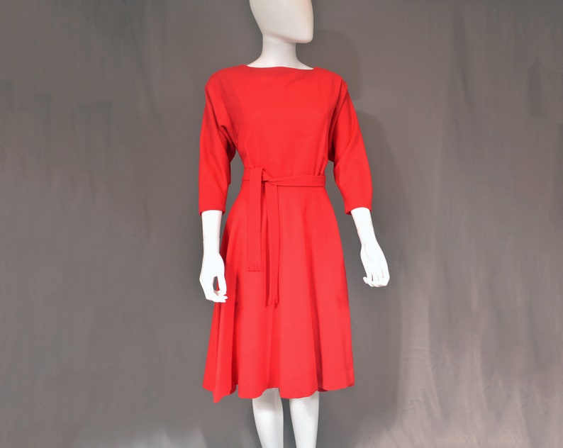 vintage 50s handmade dress 1950s cherry red peplum full circle skirt holiday party 1960s 60s short S small image 2