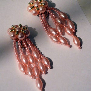 vintage 80s new wave blush pearl earrings long Earring chandelier jewels ott 1980s long beads beaded earring Statement handmade pink clip on image 1
