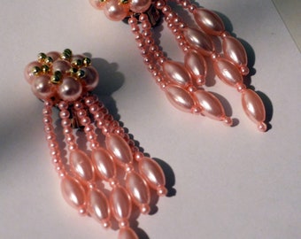 vintage 80s new wave blush pearl earrings long Earring chandelier jewels ott 1980s long beads beaded earring Statement handmade pink clip on