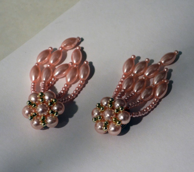 vintage 80s new wave blush pearl earrings long Earring chandelier jewels ott 1980s long beads beaded earring Statement handmade pink clip on image 7