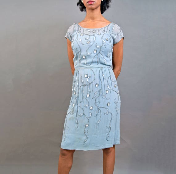 Vintage 60's Beaded Silk Dress light Blue 1960s c… - image 5