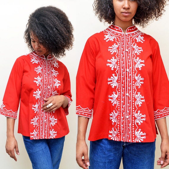 vintage 60s embroidered red blouse 70s Hawaiian e… - image 1