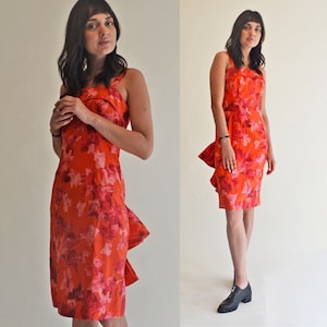 Vintage 50s Red Floral Wiggle Dress: Ruffle Trim Pin-Up, S/M