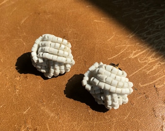 vintage 80s white beaded earrings studs 80s new wave earrings avant-garde statement earring handmade 90s 1990s ooak 1980s stud minimalist