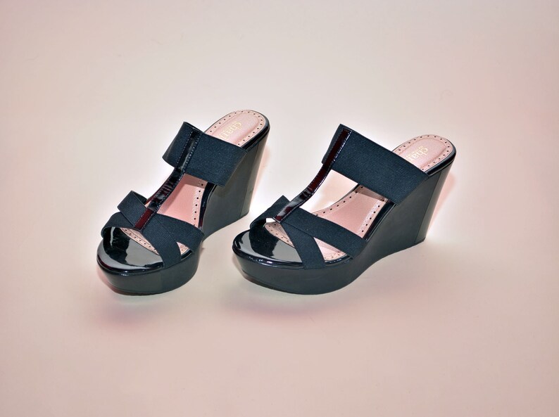 vintage 90s platforms sandals black Heels 1990's MINIMALIST tall heel 1990s vegan charles david wedges 90s shoes 7 7.5 image 6