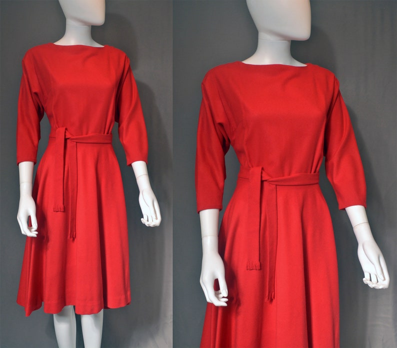 vintage 50s handmade dress 1950s cherry red peplum full circle skirt holiday party 1960s 60s short S small image 7