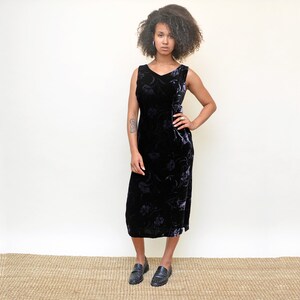 vintage 90s velvet dress 1990s tank party lbd cocktail holiday 1990's midi deep slit 90's boho romantic floral flowers purple s/m image 5