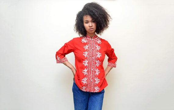 vintage 60s embroidered red blouse 70s Hawaiian e… - image 3