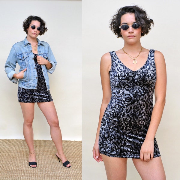 vintage 90s snakeskin velvet dress blue black 1990s grunge goth cocktail bandage bodycon mini tank sundress xs/s