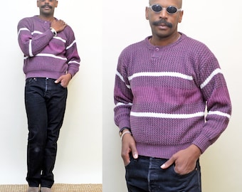 Vintage 90er Jahre Lila Gestreifter Henley Pullover - Unisex Acryl-Strick