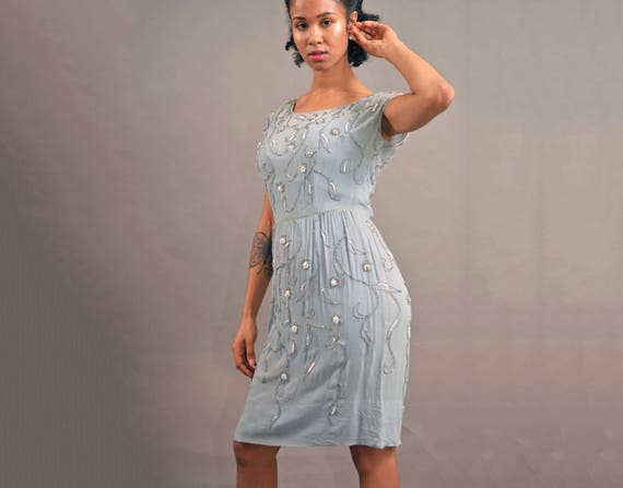 Vintage 60's Beaded Silk Dress light Blue 1960s c… - image 7