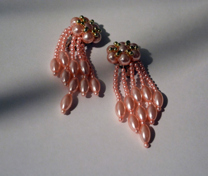 vintage 80s new wave blush pearl earrings long Earring chandelier jewels ott 1980s long beads beaded earring Statement handmade pink clip on image 3