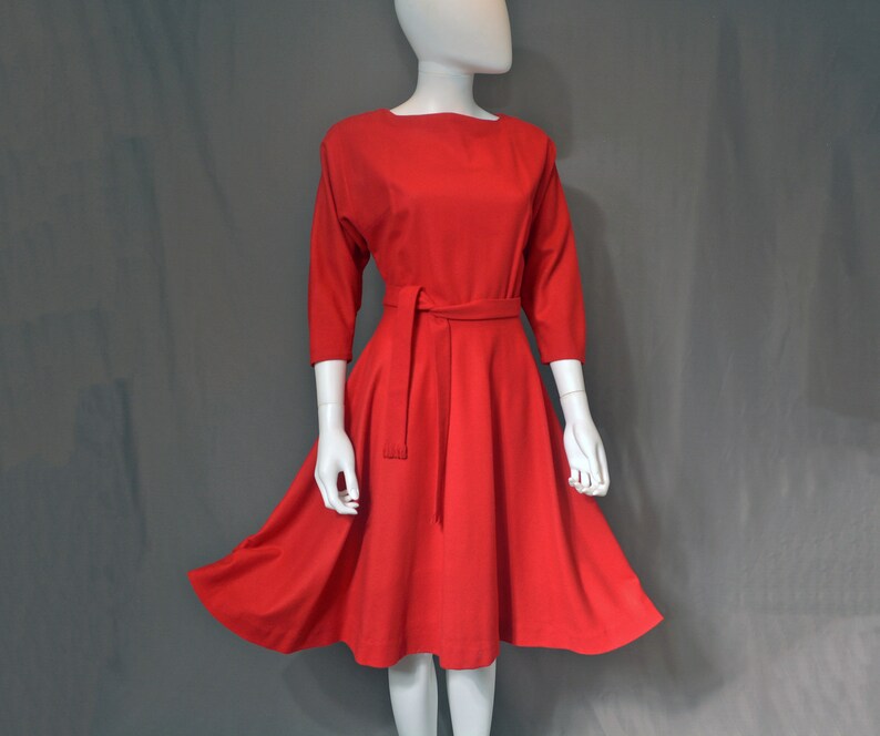 vintage 50s handmade dress 1950s cherry red peplum full circle skirt holiday party 1960s 60s short S small image 3